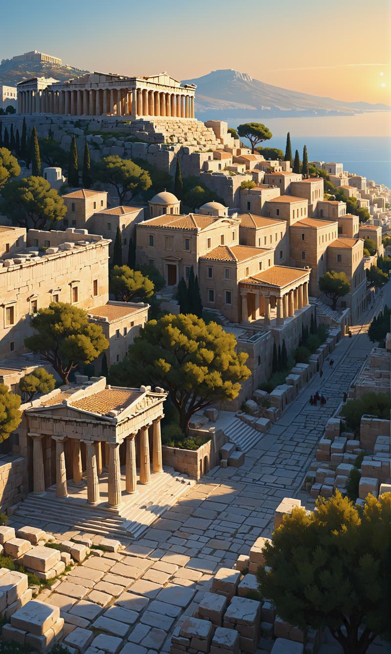 02463-3126756078-Ancient Greek city at sunrise, Acropolis standing majestic against the warm hues of the morning sky, Doric columns casting long.png